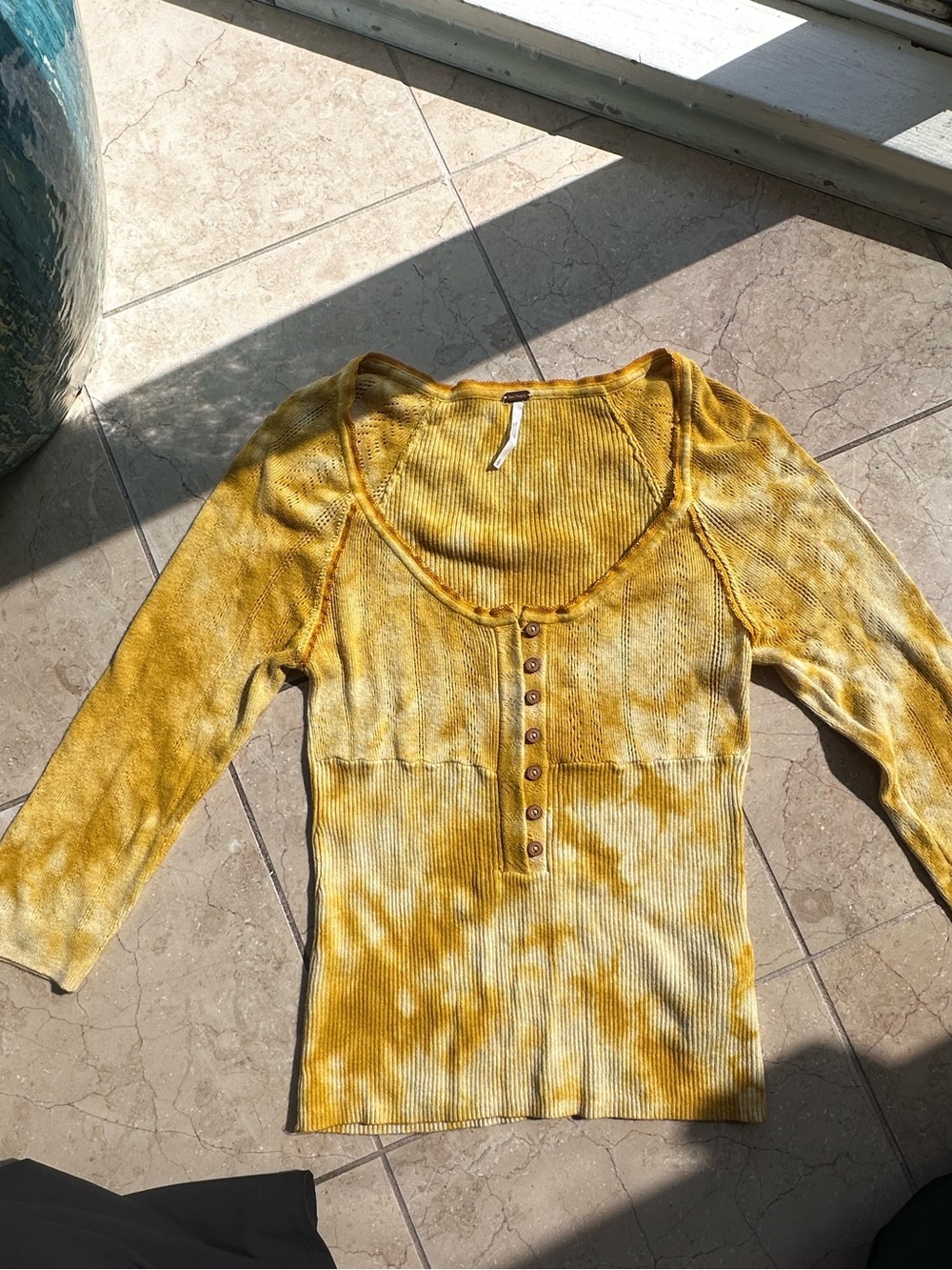 Free People Yellow Tie-Dye Ribbed Henley Long Sleeve